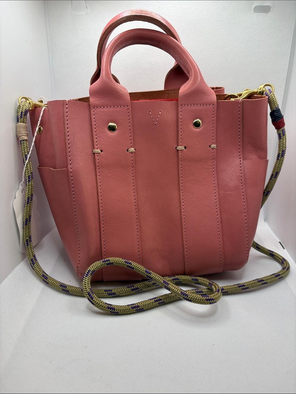 ClareV. Le Petit box tote in petal leather with removable top strap.